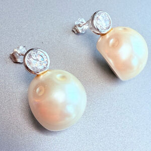 Cubic Zirconia & 13mm White Pearl Wedge Drop 925 Sterling Silver CZ Earrings